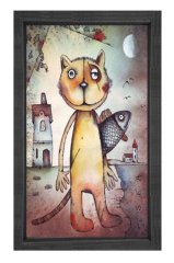 Kedi Ve Balık Tablosu Siyah Ahşap Çerçeve - 50x90