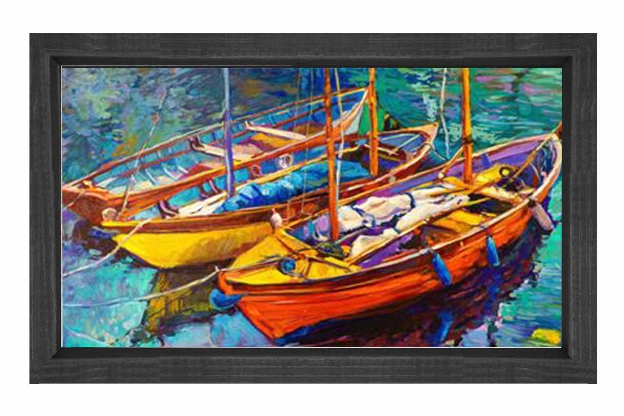 Sulu Boya Kayıklar Tablosu Siyah Ahşap Çerçeve - 50x70
