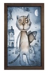 Kedi Ve Balık Tablosu Kahverengi Ahşap Çerçeve - 100x150