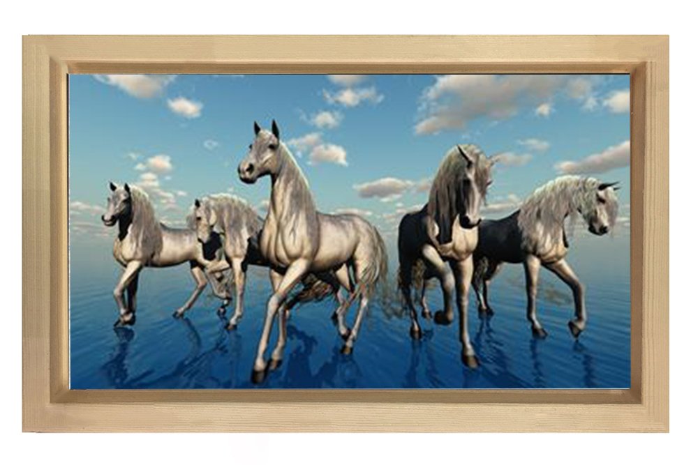 Suda Yürüyen Atlar Tablosu Naturel Ahşap Çerçeve - 50x90