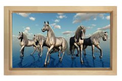 Suda Yürüyen Atlar Tablosu Naturel Ahşap Çerçeve - 50x90