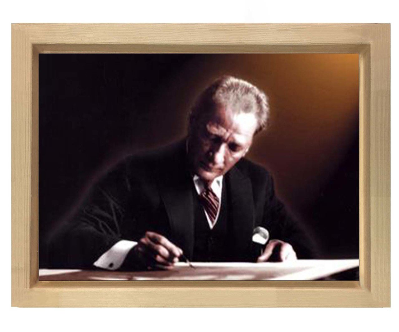 Atatürk Yazı Yazarken Tablosu Naturel Ahşap - 50x90