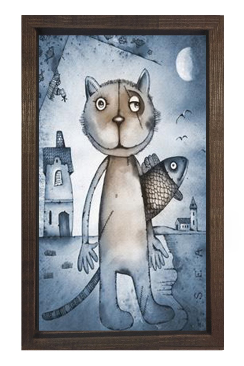 Kedi Ve Balık Tablosu Kahverengi Ahşap Çerçeve - 50x70