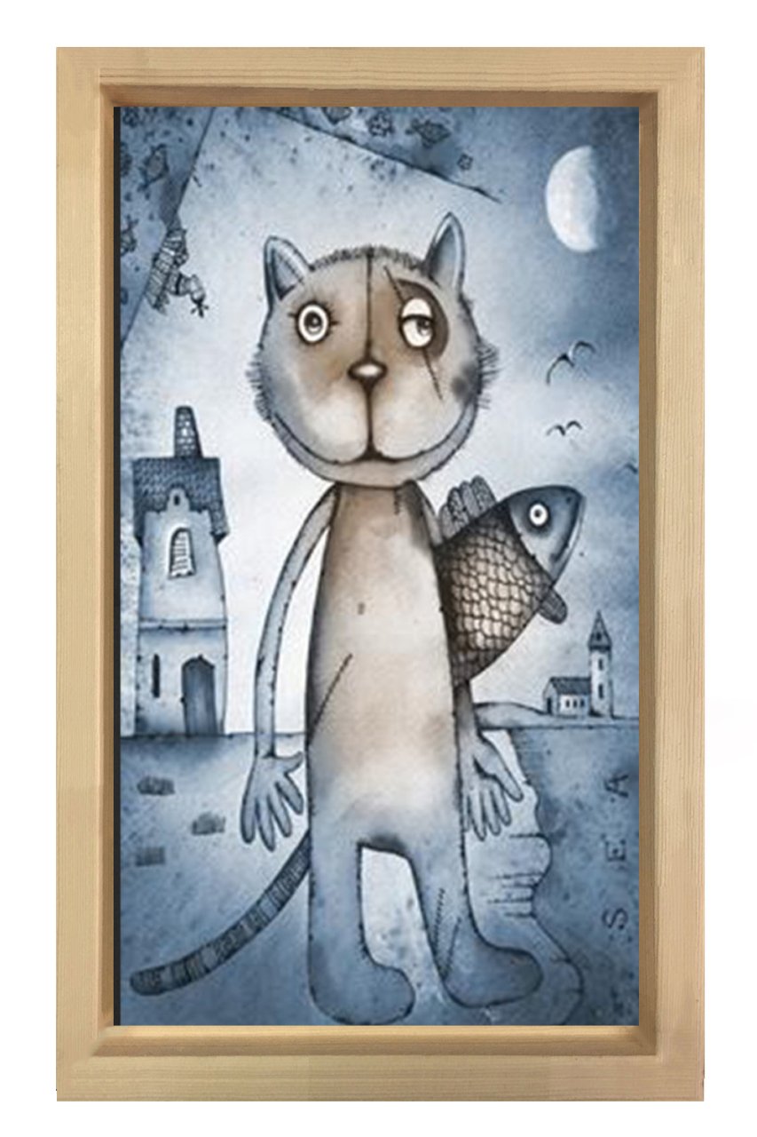 Kedi Ve Balık Tablosu Naturel Ahşap Çerçeve - 40x60
