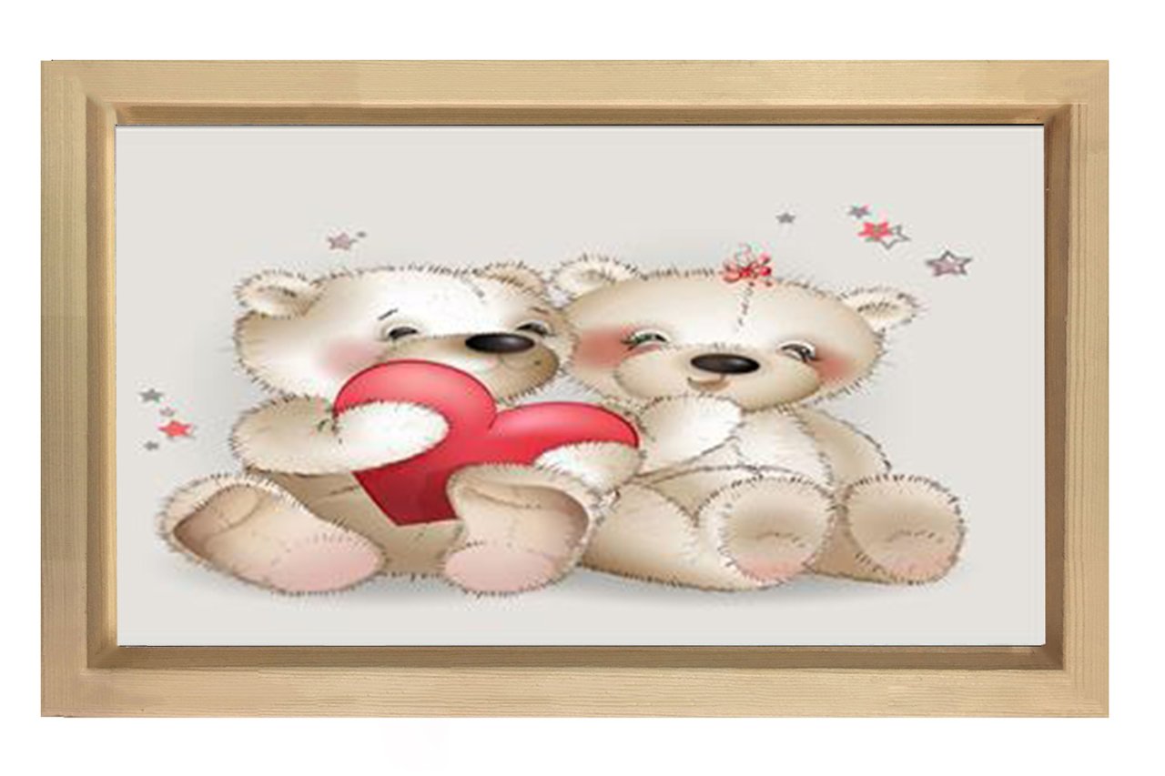 Ayıcık Ve Kalp Tablosu Naturel Ahşap Çerçeve - 45x30