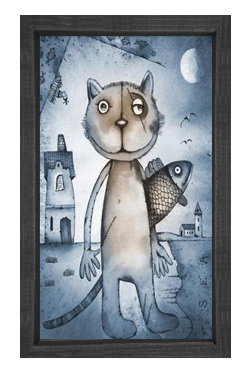 Kedi Ve Balık Tablosu Siyah Ahşap Çerçeve - 50x70