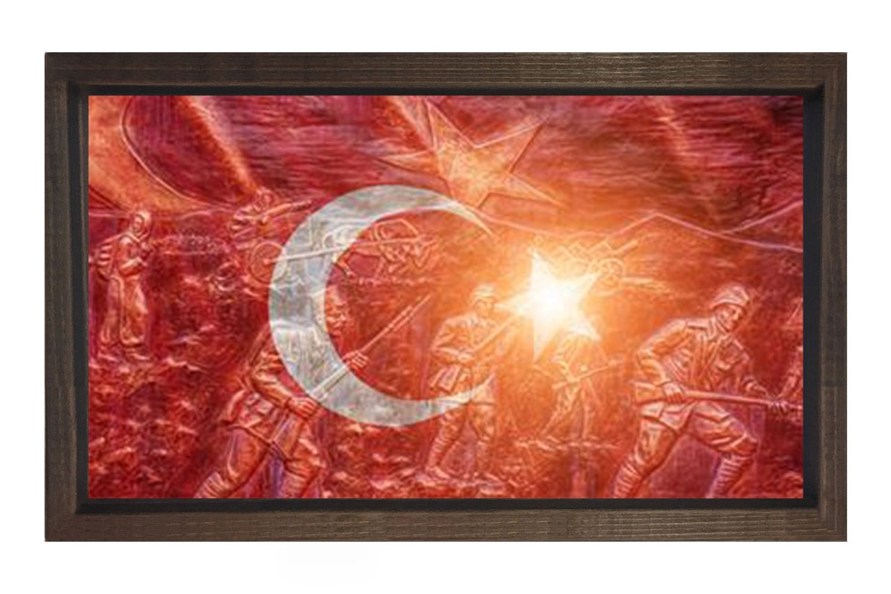 Çanakkale Savaşı Türk Bayrağı Tablosu Kahverengi Ahşap Çerçeve - 50x70