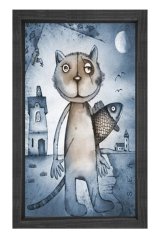 Kedi Ve Balık Tablosu Siyah Ahşap Çerçeve - 50x90