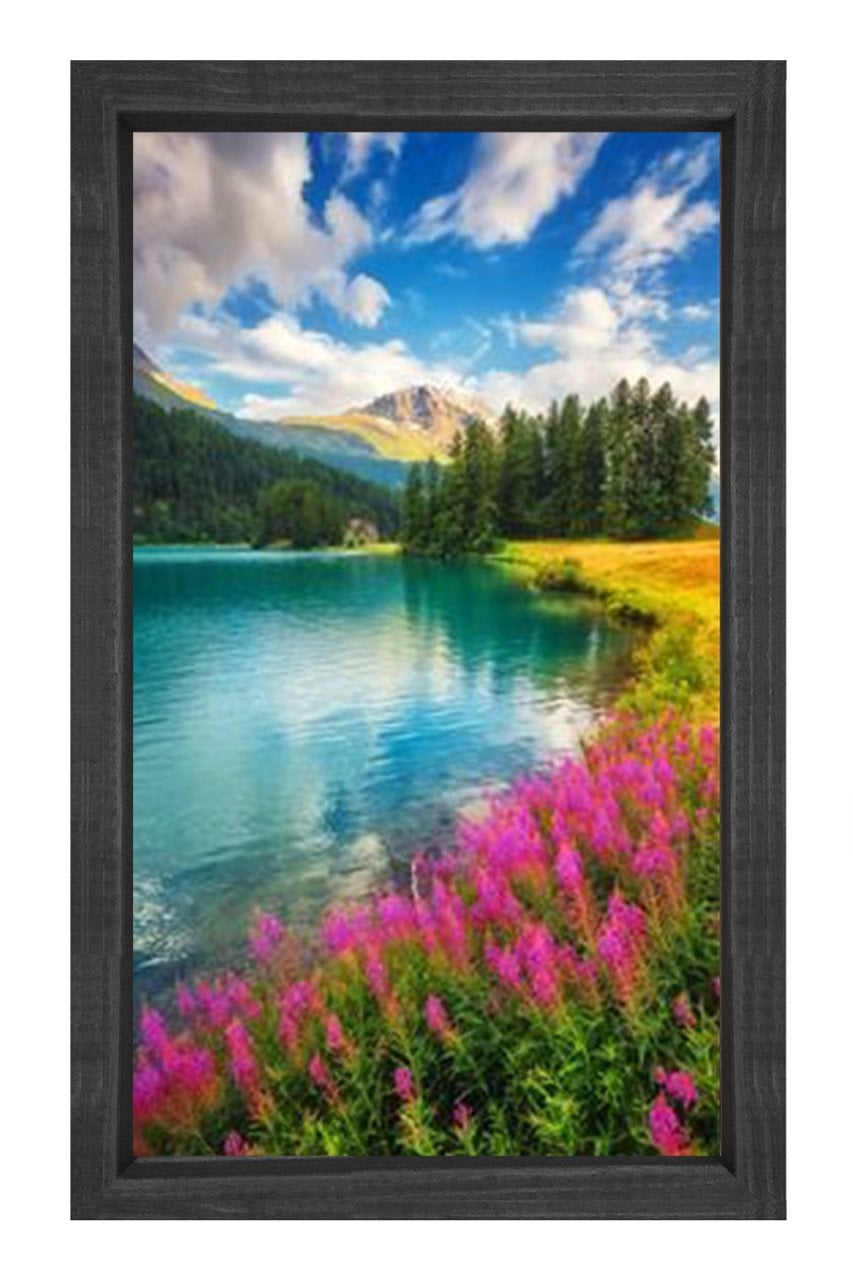 Göl Kıyısı ve Çiçekler Tablosu Siyah Ahşap Çerçeve - 70x100