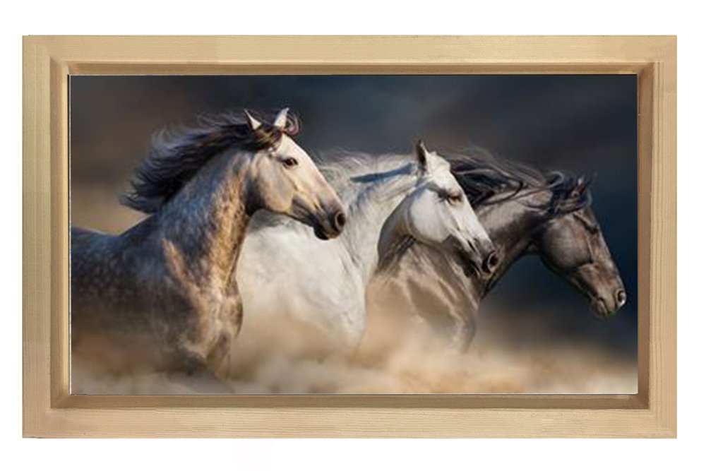 Vahşi Atlar Tablosu Naturel Ahşap Çerçeve - 50x70