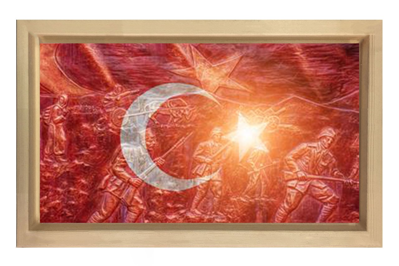 Çanakkale Savaşı Türk Bayrağı Tablosu Naturel Ahşap Çerçeve - 100x200
