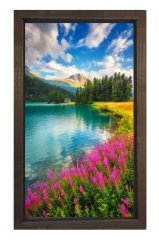 Göl Kıyısı ve Çiçekler Tablosu Kahverengi Ahşap Çerçeve - 45x30