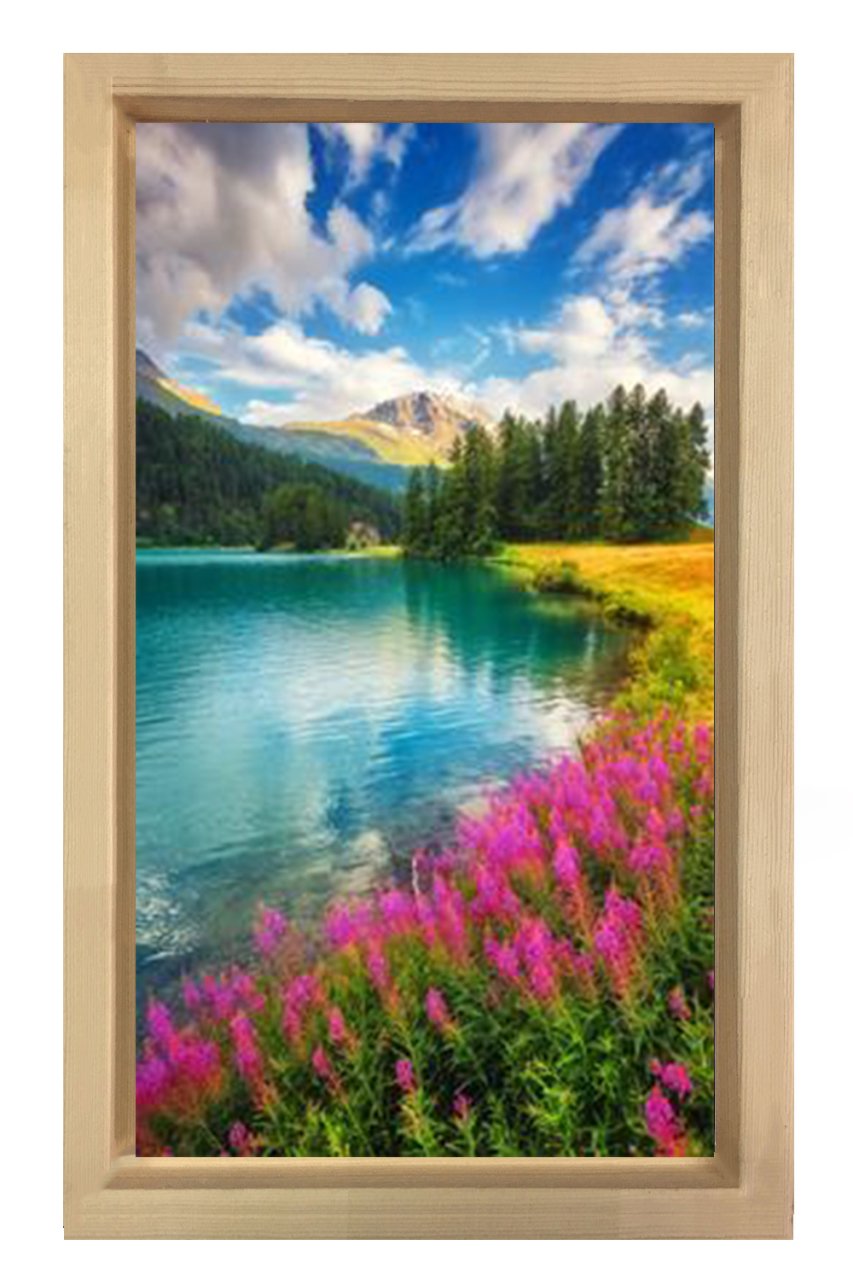 Göl Kıyısı ve Çiçekler Tablosu Naturel Ahşap Çerçeve - 100x150