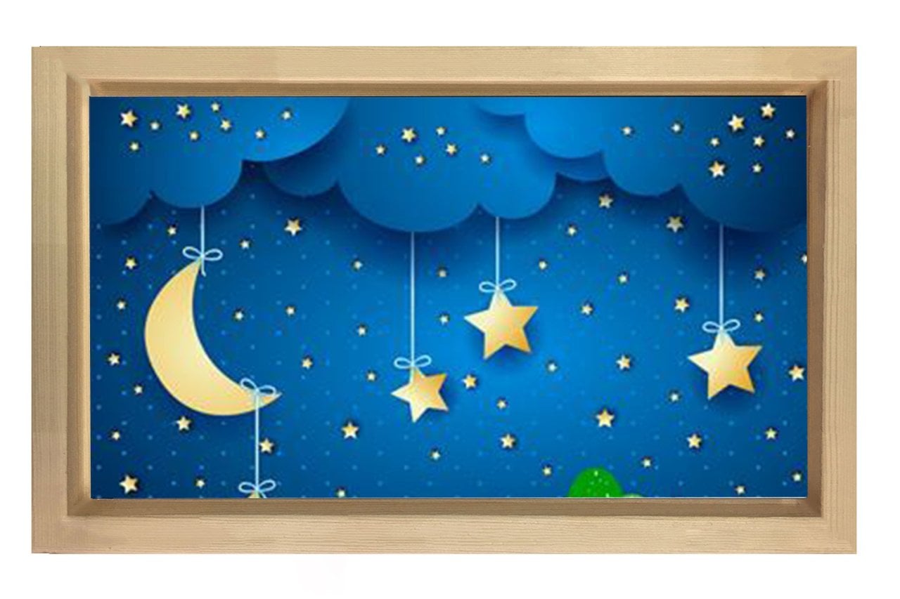 Gece Yıldızları Ve Ay Tablosu Naturel Ahşap Çerçeve - 45x30