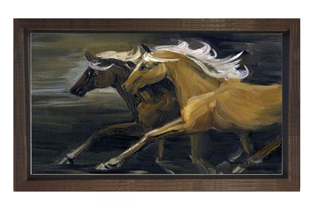 Yarışan Atlar Tablosu Kahverengi Ahşap Çerçeve - 100x150