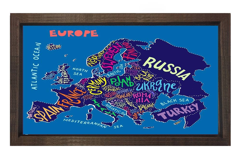 Dünya Haritası Tipografi Tablosu Kahverengi Ahşap Çerçeve - 40x40