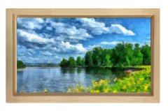 Sarı Çiçekli Göl Gök Manzara Tablosu Naturel Ahşap - 50x70
