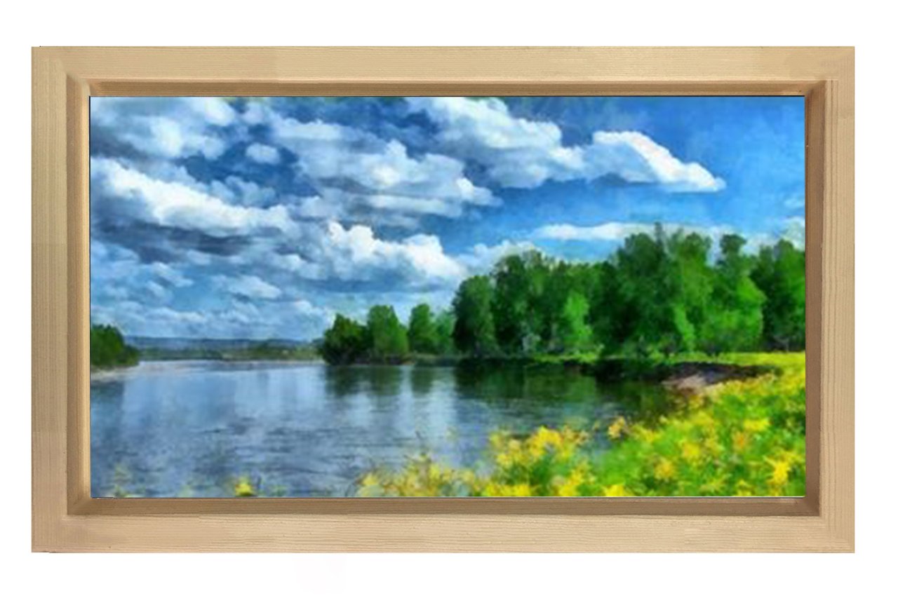 Sarı Çiçekli Göl Gök Manzara Tablosu Naturel Ahşap - 50x90