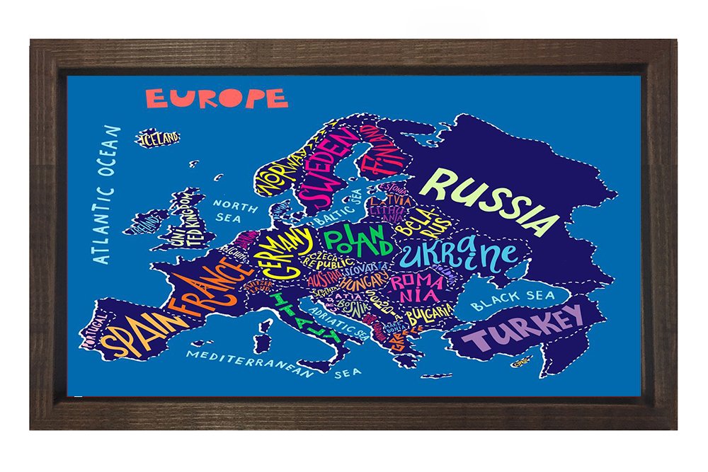 Dünya Haritası Tipografi Tablosu Kahverengi Ahşap Çerçeve - 70x70