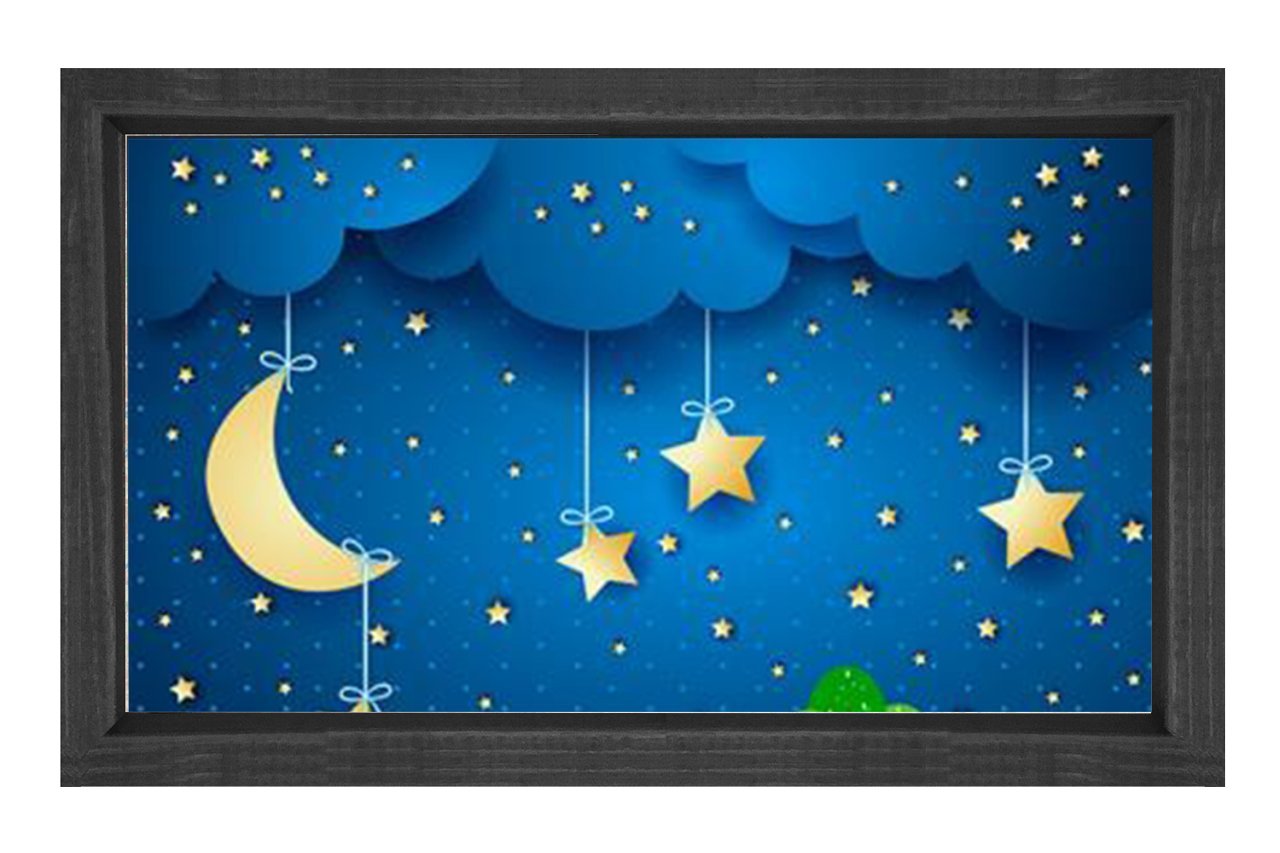 Gece Yıldızları Ve Ay Tablosu Siyah Ahşap Çerçeve - 50x90