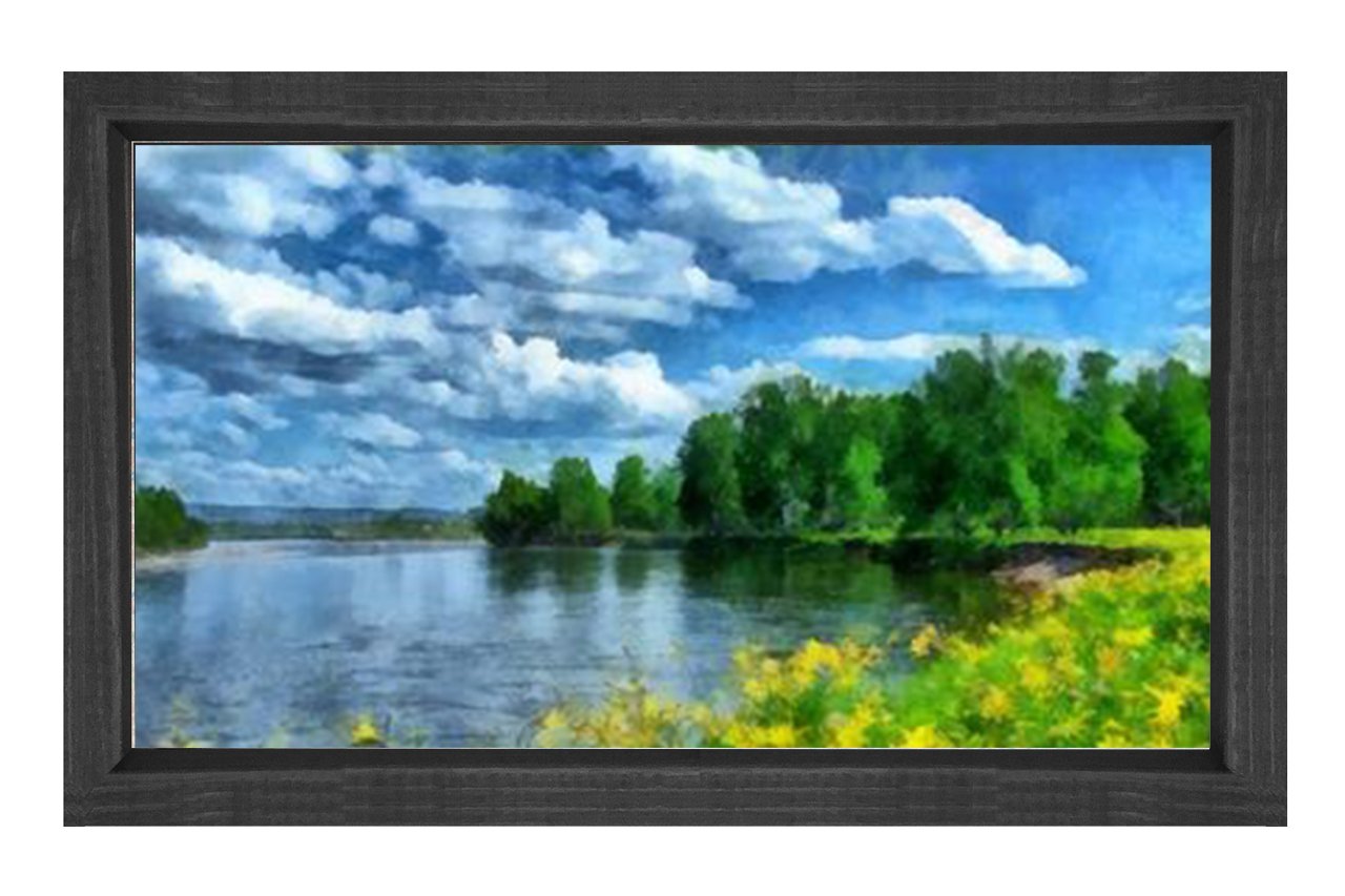 Sarı Çiçekli Göl Gök Manzara Tablosu Siyah Ahşap - 50x70