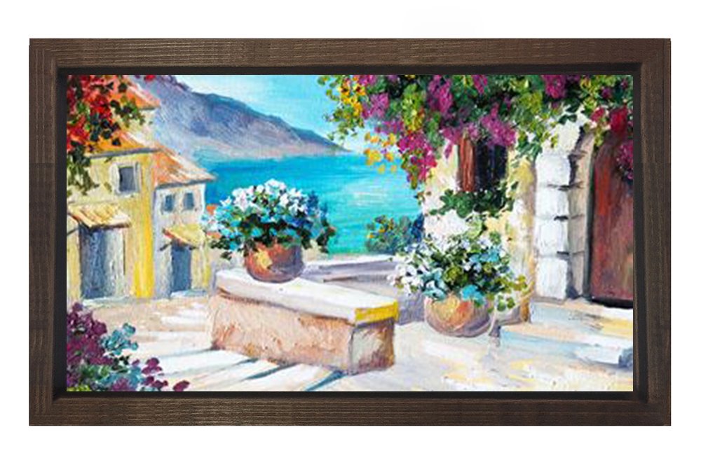 Çiçekler ve Deniz Tablosu Kahverengi Ahşap - 100x200