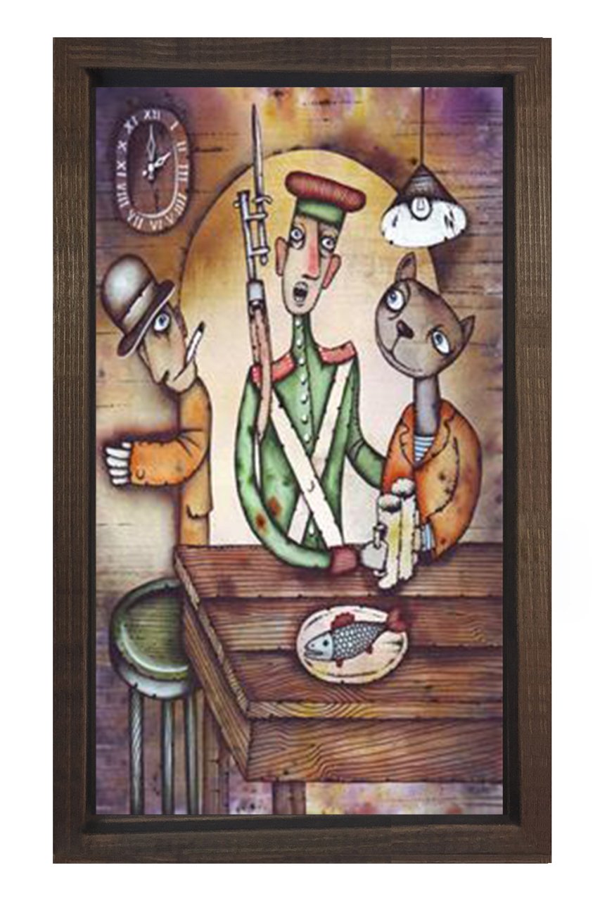 Kedi ve Adamlar Yemekte Tablosu Kahverengi Ahşap Çerçeve - 50x90