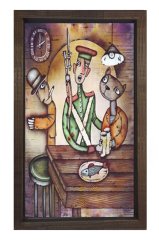 Kedi ve Adamlar Yemekte Tablosu Kahverengi Ahşap Çerçeve - 50x90