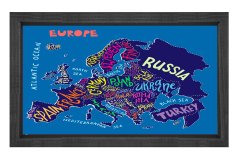 Dünya Haritası Tipografi Tablosu Siyah Ahşap Çerçeve - 50x50