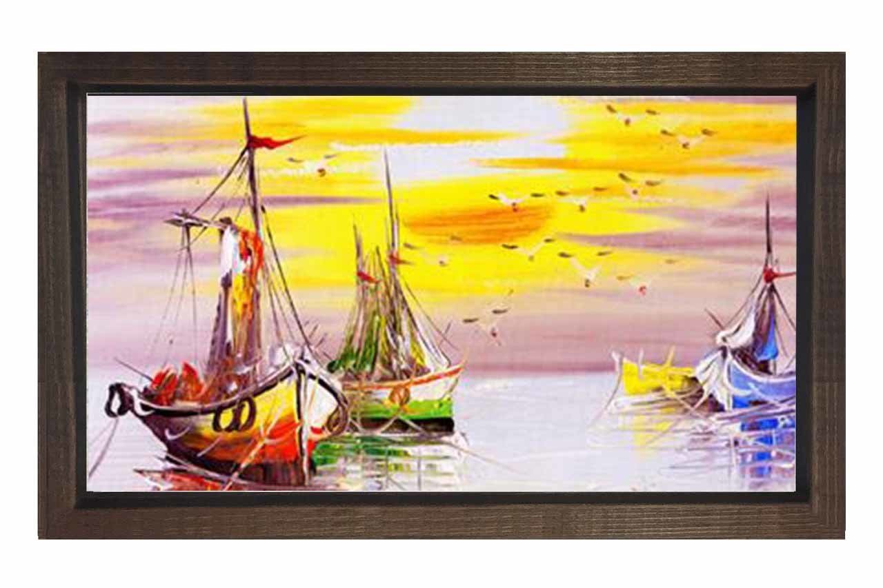 Sulu Boya Gemiler  Tablosu Kahverengi Ahşap Çerçeve - 100x200