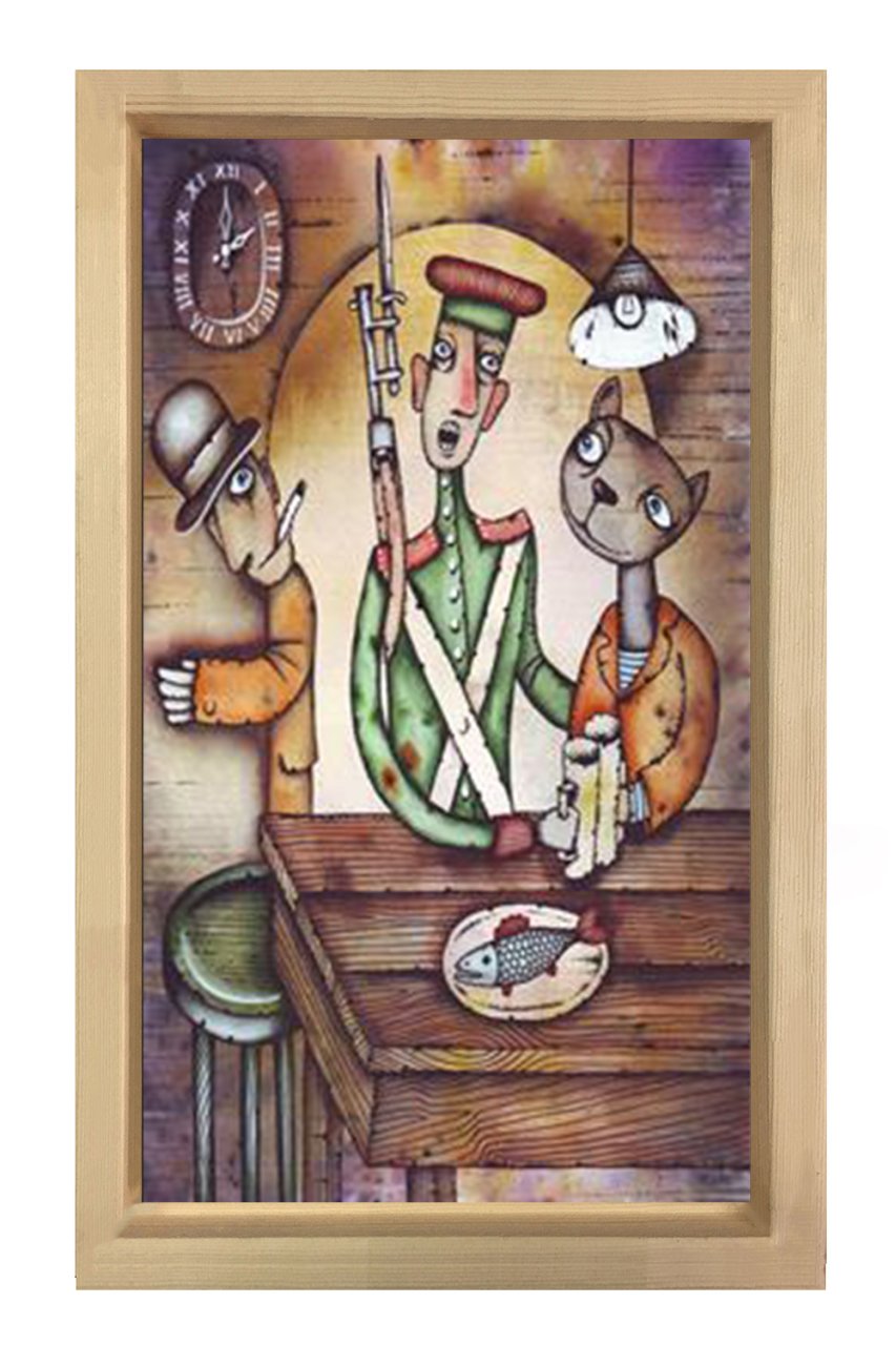 Kedi ve Adamlar Yemekte Tablosu Naturel Ahşap Çerçeve - 50x70