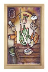 Kedi ve Adamlar Yemekte Tablosu Naturel Ahşap Çerçeve - 50x70