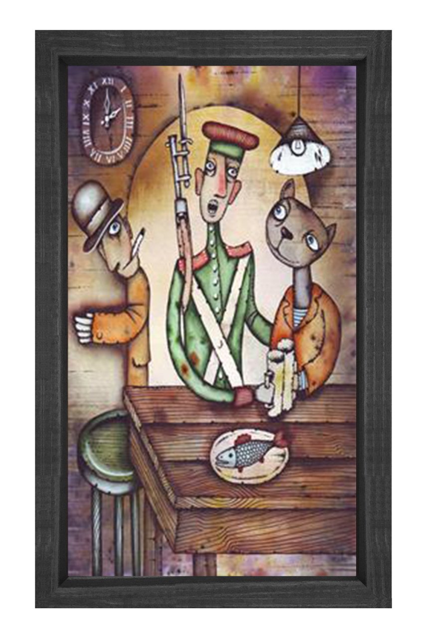 Kedi ve Adamlar Yemekte Tablosu Siyah Ahşap Çerçeve - 100x150