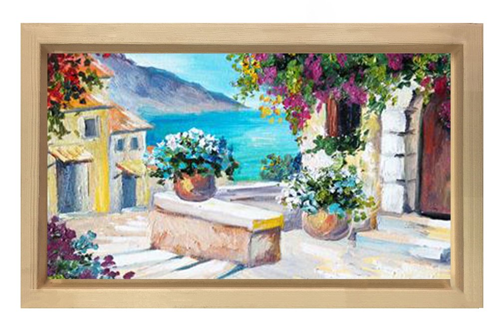 Çiçekler ve Deniz Tablosu Naturel Ahşap - 70x100