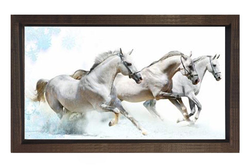 Beyaz Atlar Tablosu Kahverengi Ahşap Çerçeve - 50x90