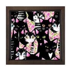 Kediler Tablosu Kahverengi Ahşap Çerçeve - 50x50