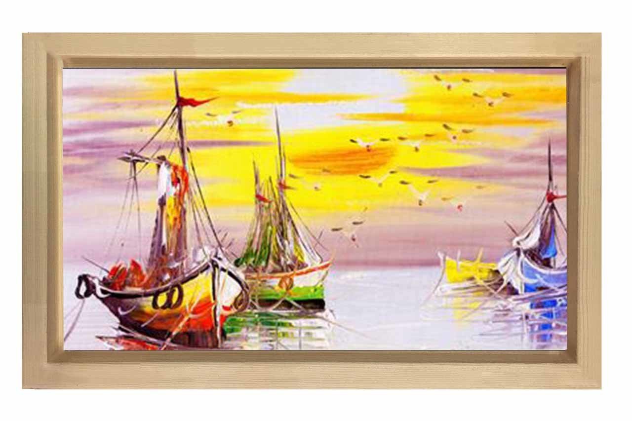 Sulu Boya Gemiler  Tablosu Naturel Ahşap Çerçeve - 100x150