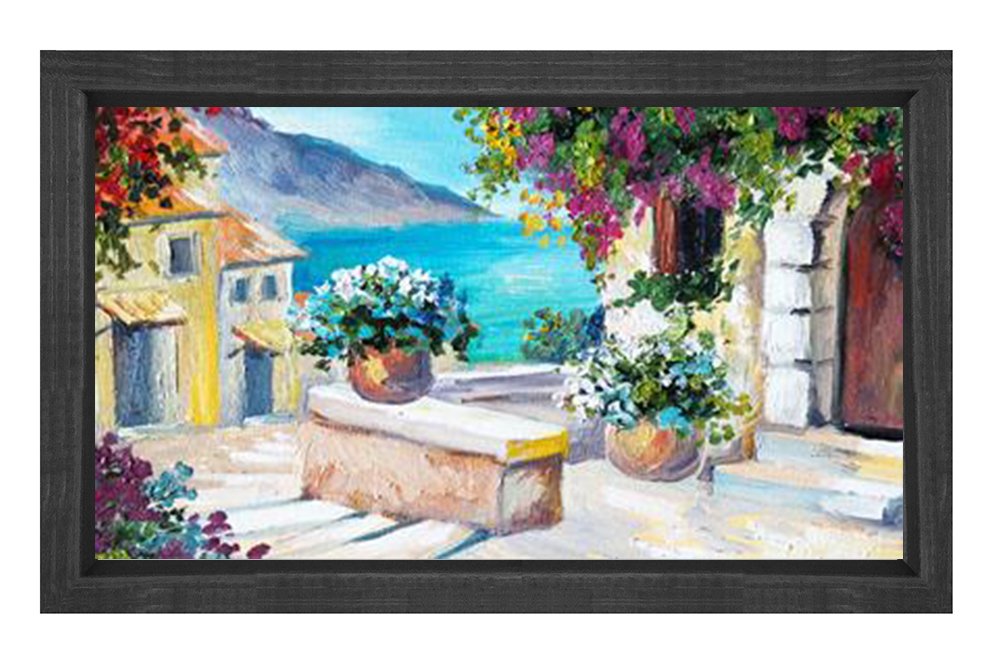 Çiçekler ve Deniz Tablosu Siyah Ahşap - 40x60