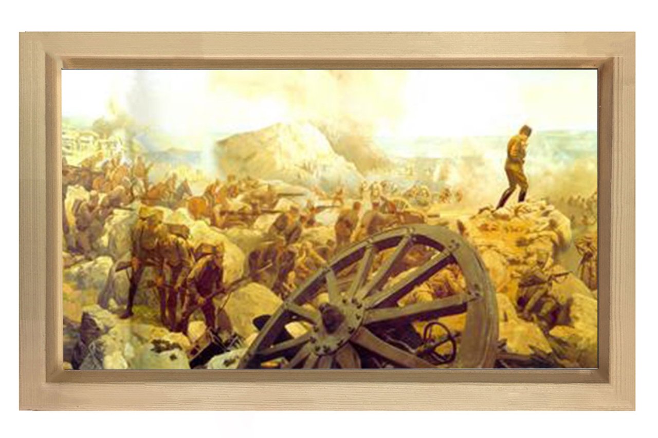 Atatürk  Ve Büyük Taarruz  Tablosu Naturel Ahşap Çerçeve - 100x150