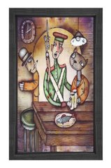Kedi ve Adamlar Yemekte Tablosu Siyah Ahşap Çerçeve - 50x90