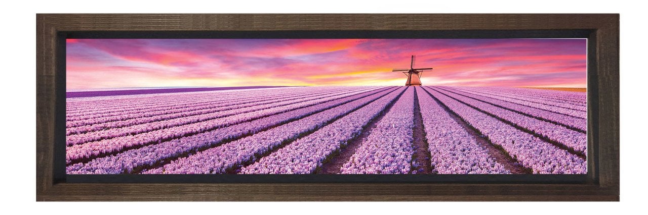 Mor Tarla Ve Yer Değirmeni Tablosu Kahverengi Ahşap Çerçeve - 90x30