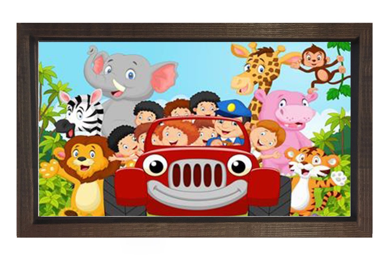 Mutlu Hayvanlar Ve Çoçuklar Tablosu Kahverengi Ahşap Çerçeve - 50x70