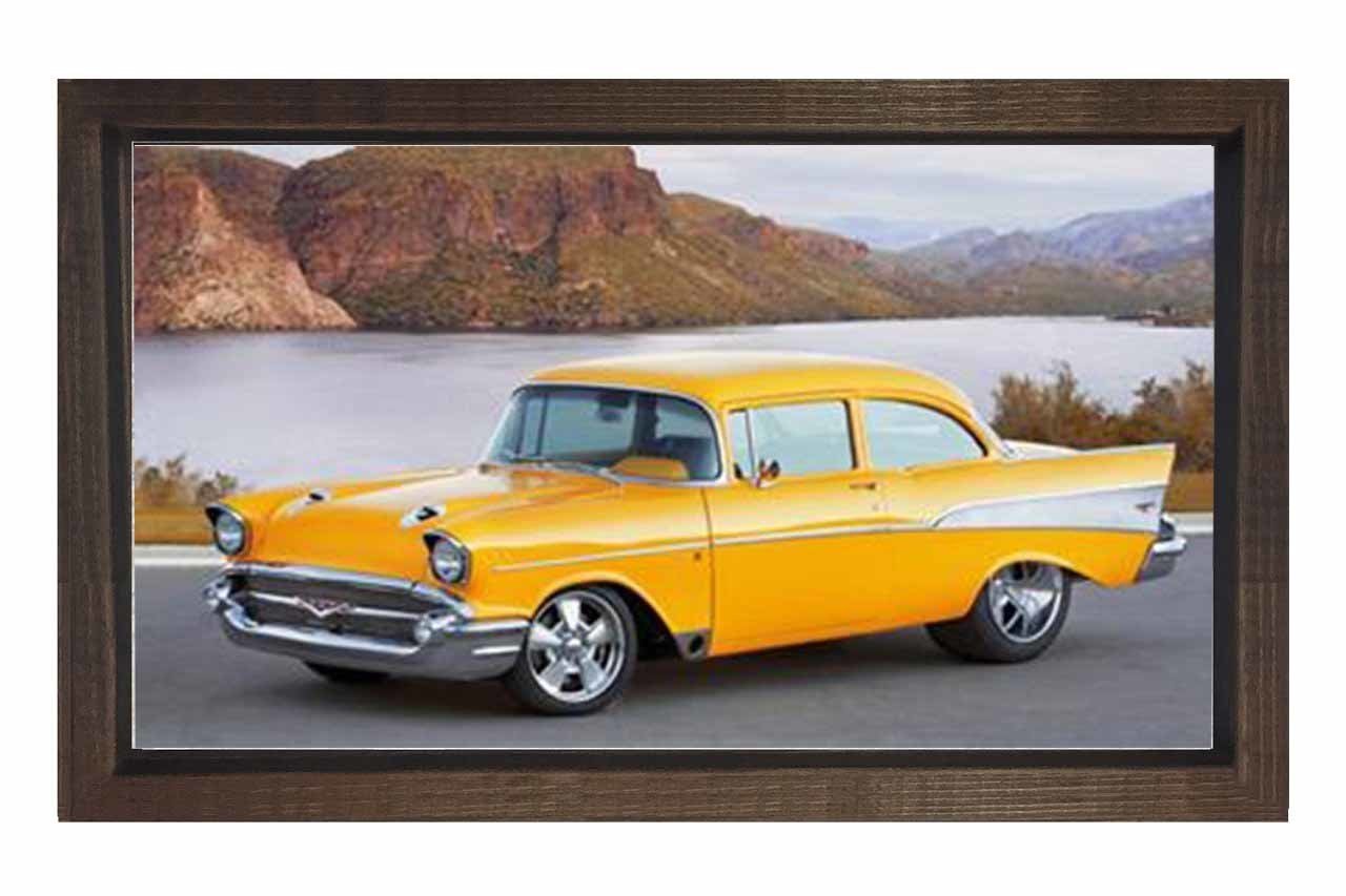 Sarı Chevrolet Klasik Araba Tablosu Kahverengi Ahşap - 45x30