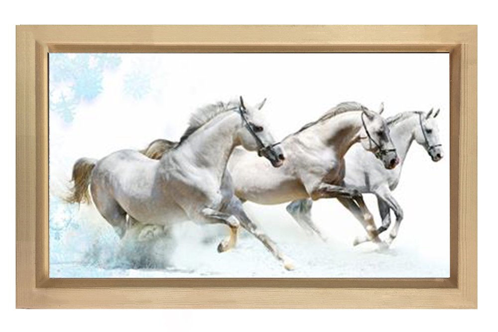 Beyaz Atlar Tablosu Naturel Ahşap Çerçeve - 50x90