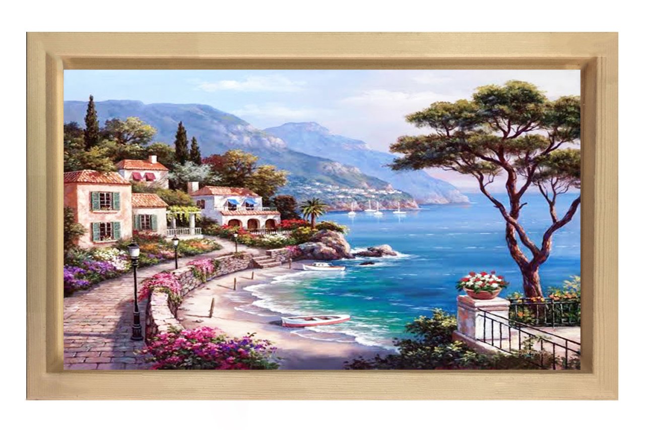 Koy Manzarası Tablosu Naturel Ahşap Çerçeve - 50x90