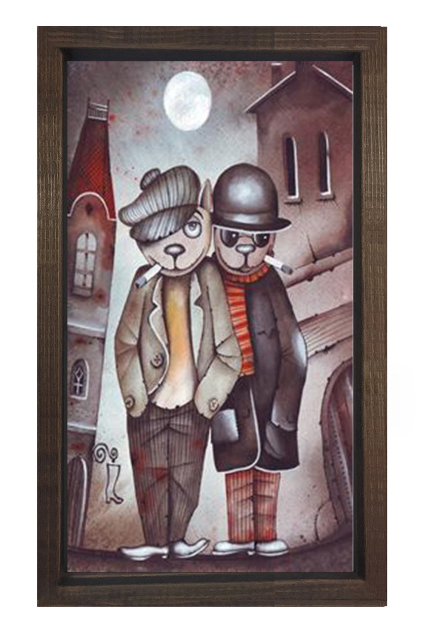 Sigara İçen Kediler Tablosu Kahverengi Ahşap Çerçeve - 45x30