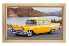 Sarı Chevrolet Klasik Araba Tablosu Naturel Ahşap - 100x150