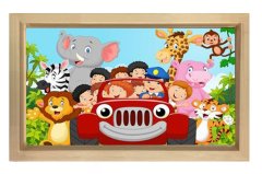 Mutlu Hayvanlar Ve Çoçuklar Tablosu Naturel Ahşap Çerçeve - 50x90