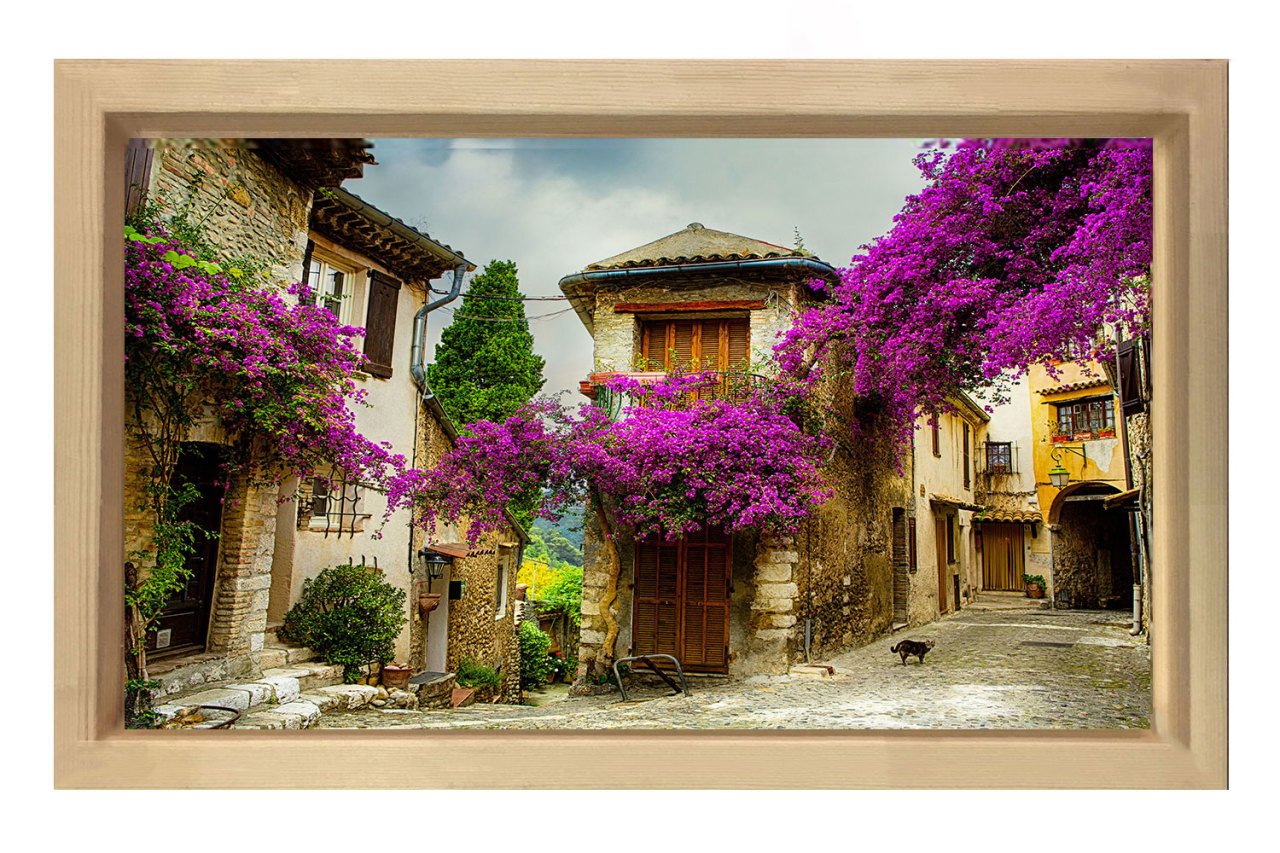 Mor Çiçekli Lavanta Evleri Tablosu Naturel Ahşap - 40x60