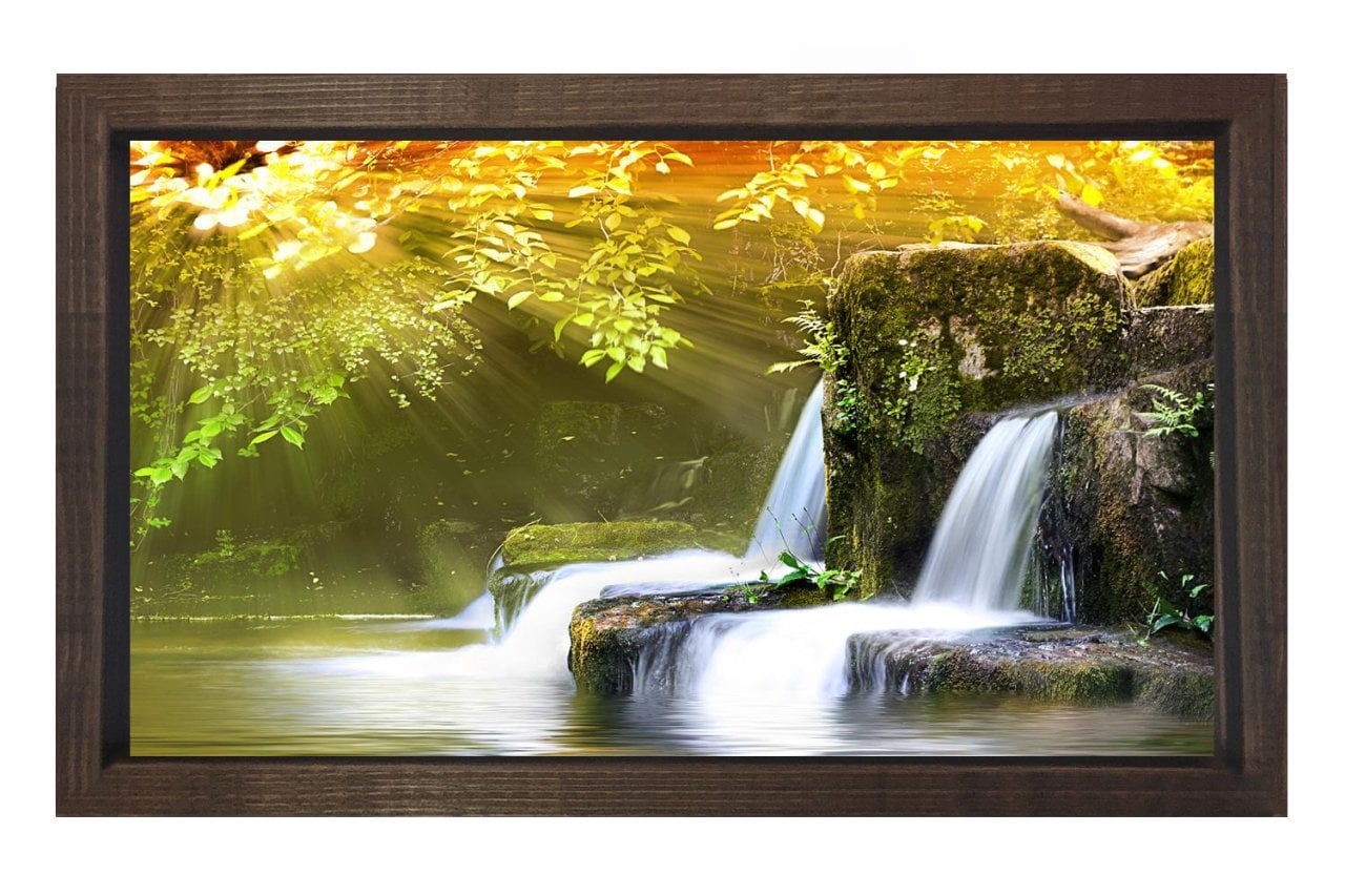 Sarı Ağaçlar Ve Şelale Tablosu Kahverengi Ahşap Çerçeve - 45x30